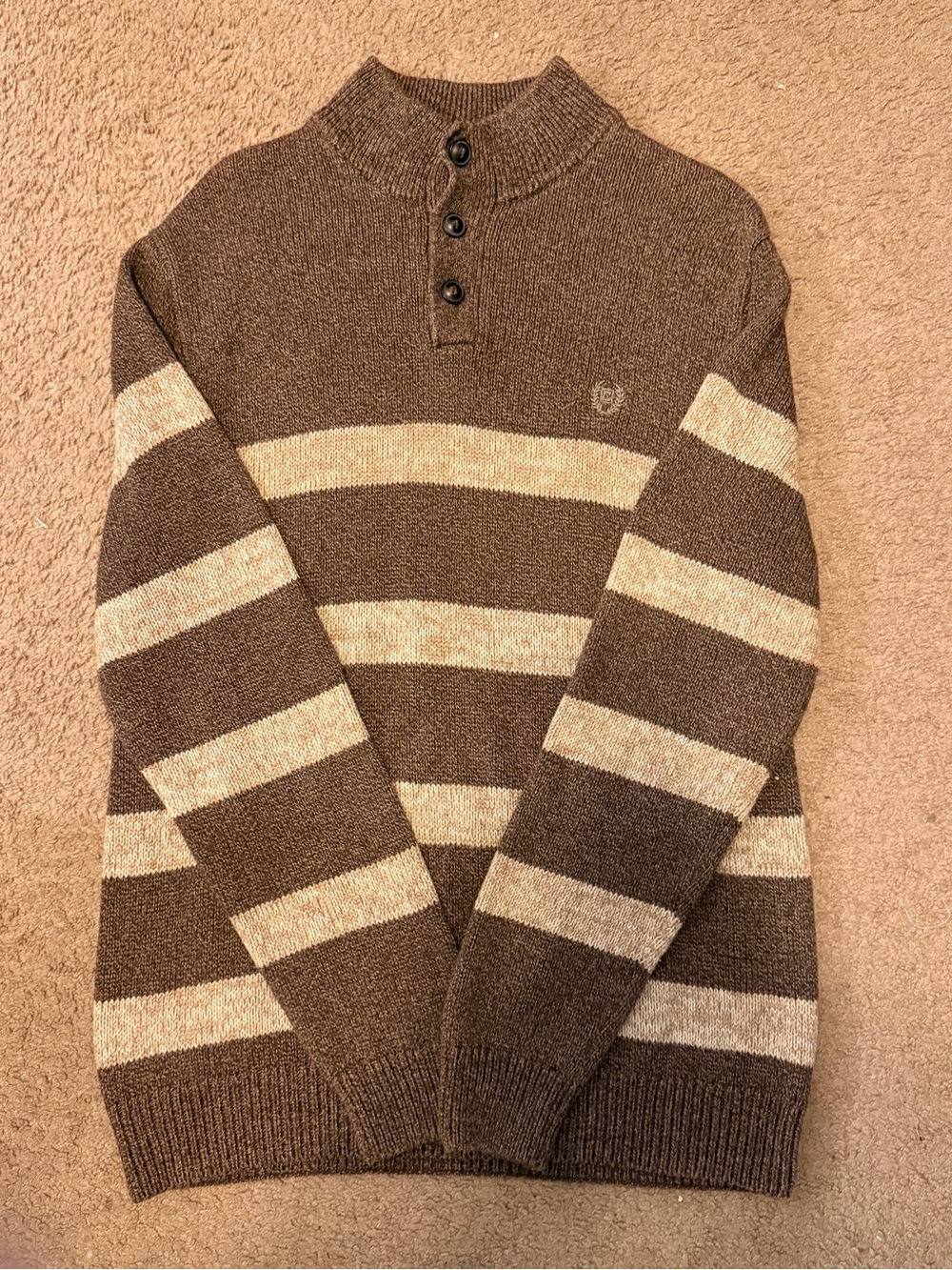 CHAPS Men Size Large Brown/Beige Striped Mock Neck Henley Knit Sweater